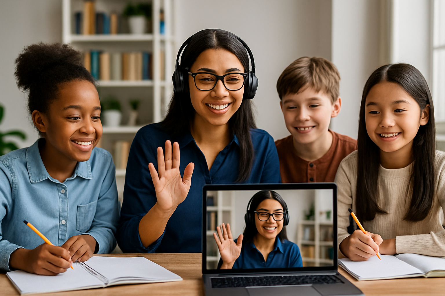 Online tutor assisting a diverse group of students.