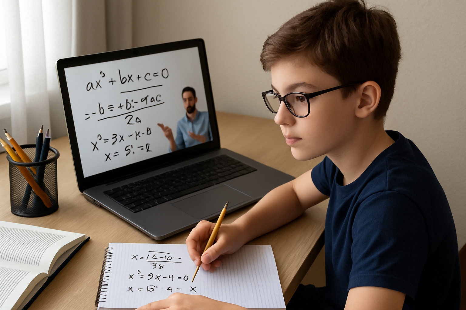 Student solving mathematics problems remotely.